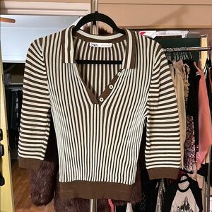Zara Brown and Baby Blue Striped Collared Blouse